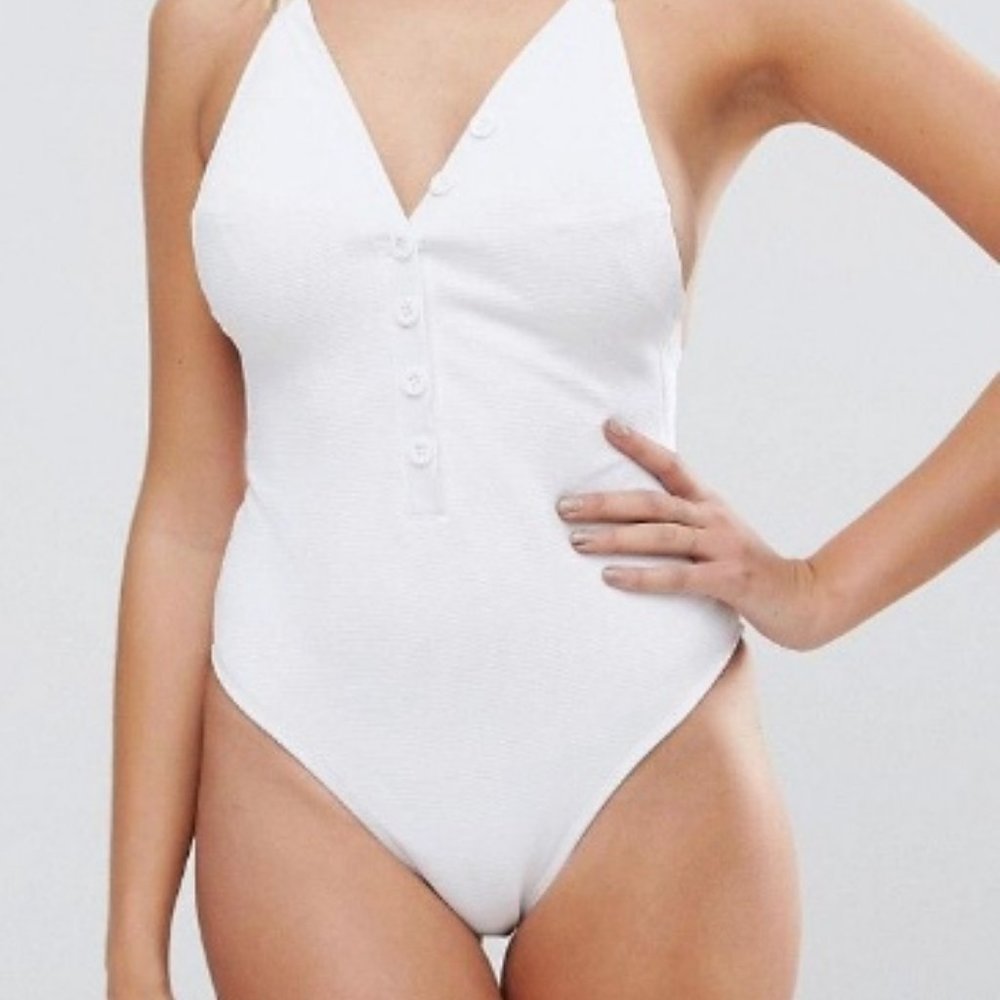 NEW White Ribbed button front one piece swimsuit.